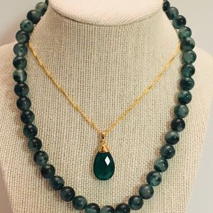 Phantom Quartz Beads Necklace and Verde Onyx Pendant with Adjustable Chain